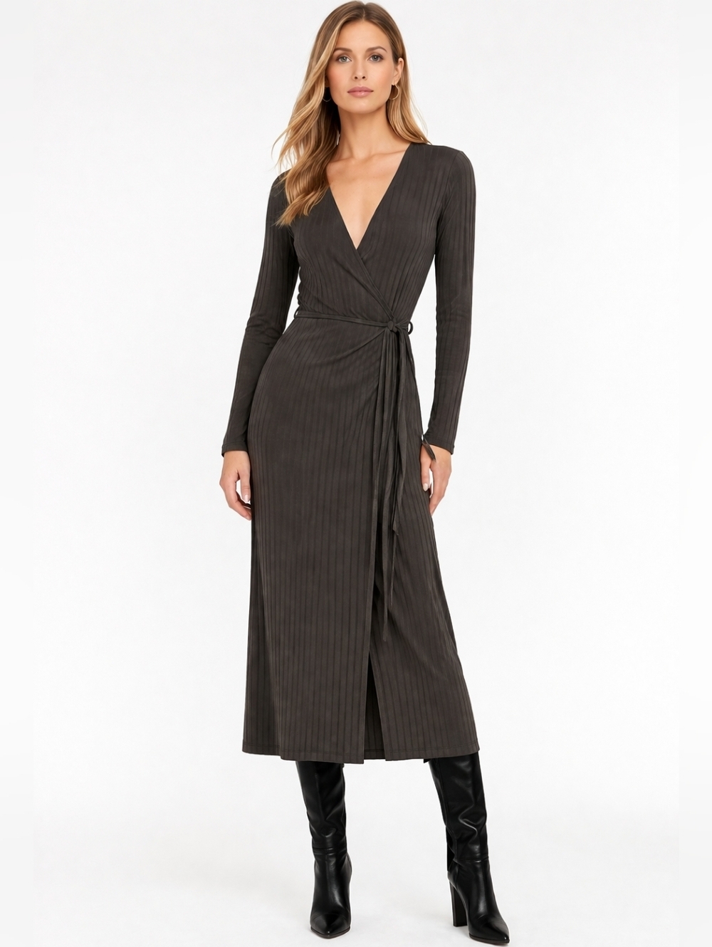 Astr The Label Long Sleeve Ribbed Wrap Midi Dress Women's Medium Green